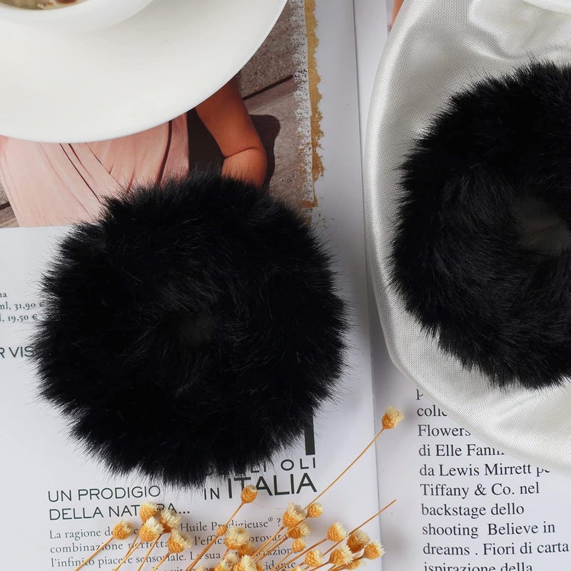 Mljsh 2 PCS Black Faux Fur Scrunchies - Fluffy Elastic Ponytail Holders With Furry Hair Bands for Girls and Women Hair Accessories - Image 3